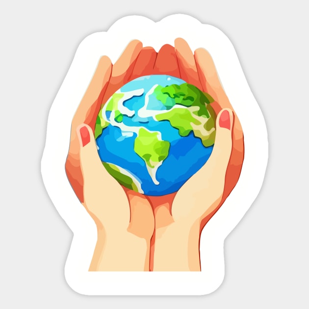 Illustration of hands holding Earth to celebrate Earth Day Sticker by amithachapa